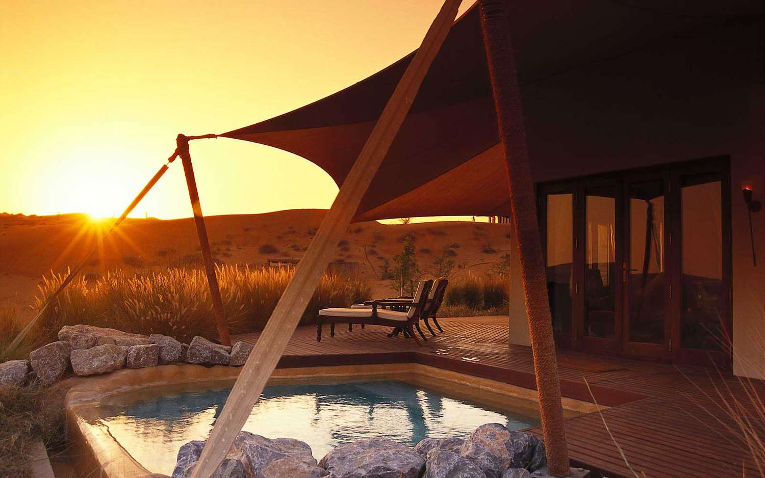 Terrace at Al Maha Desert Resort at sunset, Dubai, United Arab Emirates