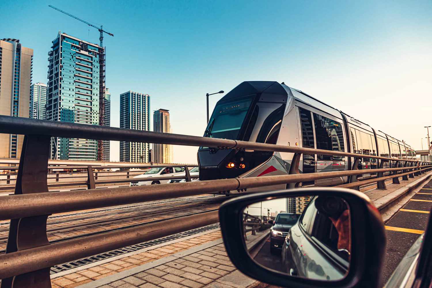 Tram arriving to the station in Dubai