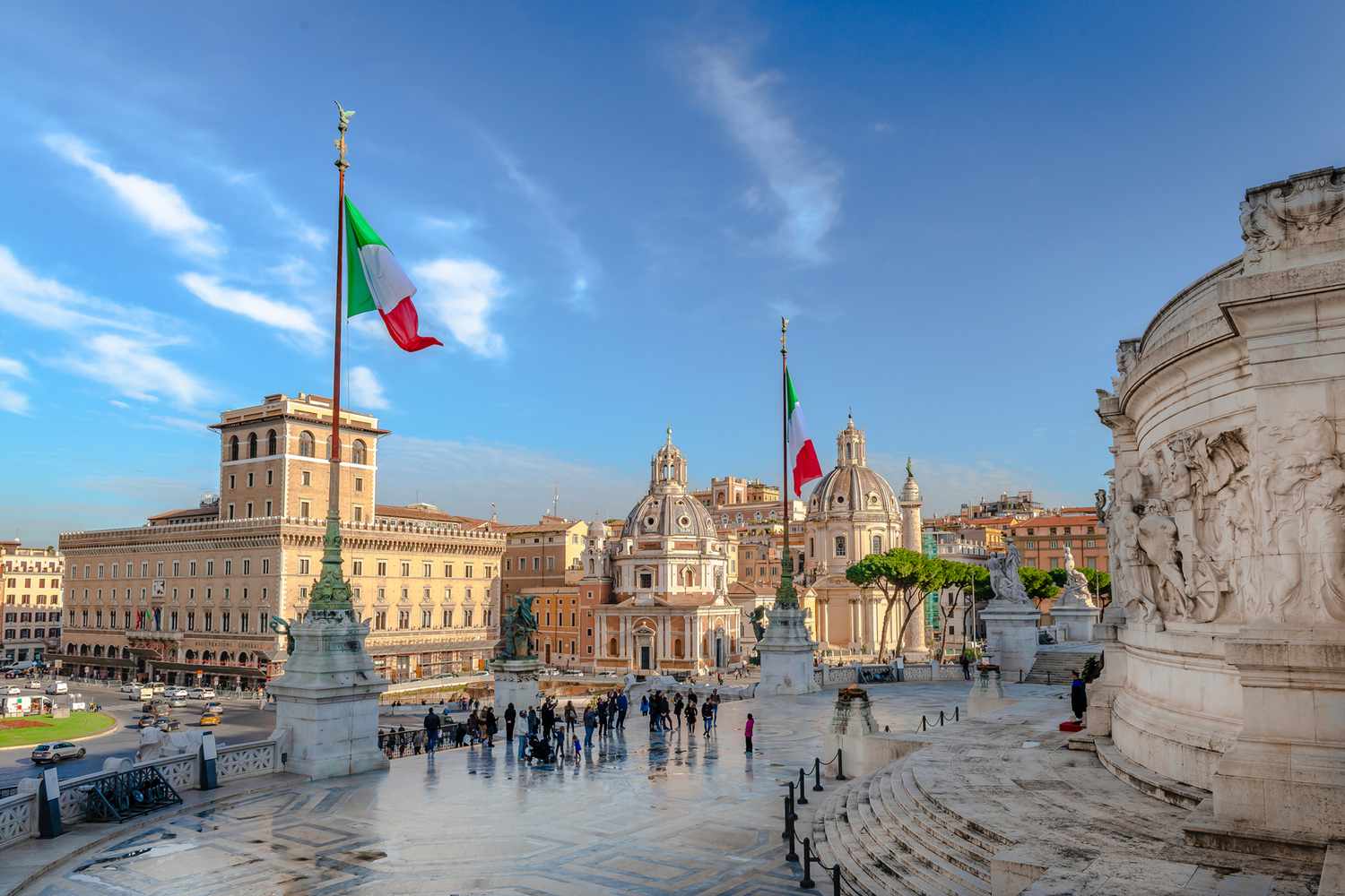 Piazza Venezia, Church of Santa Maria di Loreto and Church of the Holy Name of Mary at the Forum Trajan in Rome.