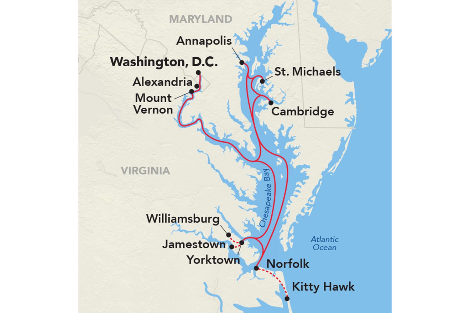 La carte de l'itinéraire de la croisière American Cruise Line au départ de DC