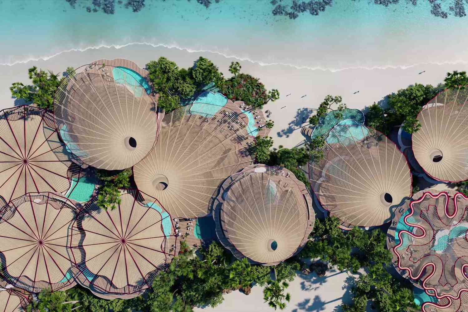 Vue aérienne de l'hôtel en bord de mer du projet de la mer Rouge et de l'île de Shurayrah