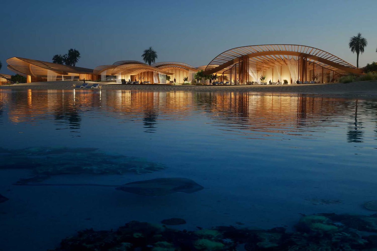 Vue aérienne de l'hôtel en bord de mer du projet de la mer Rouge et de l'île de Shurayrah