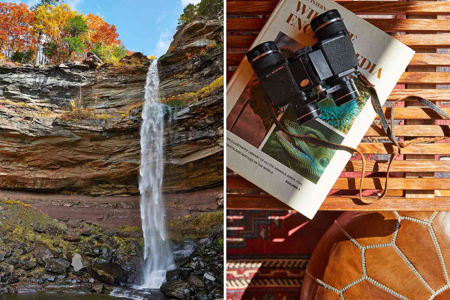 Deux photos de la région des Catskills à New York, dont les chutes Kaaterskill, et un livre de guide sur une table de l'hôtel Eastwind