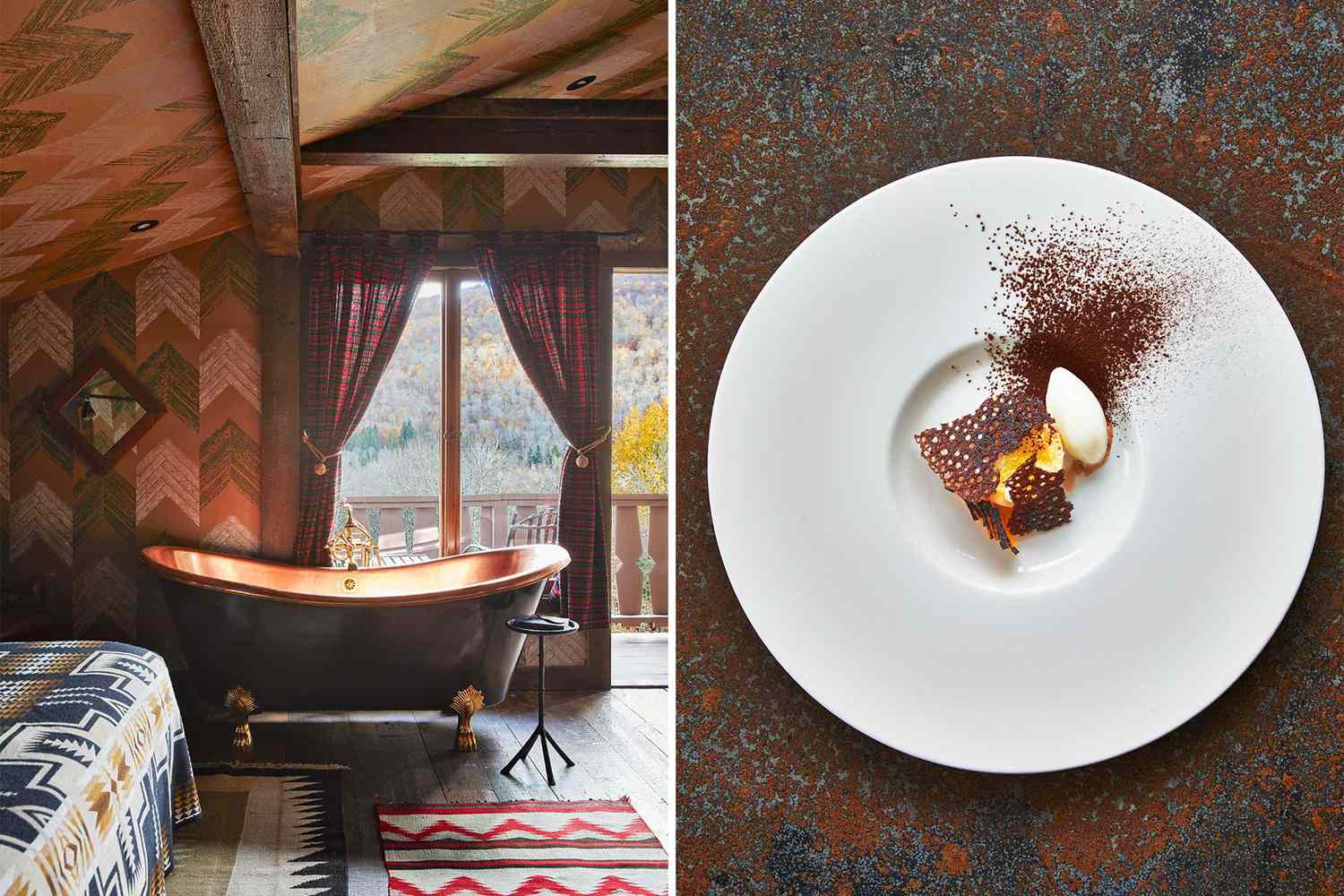 Deux photos d'une chambre d'hôtel dans les Catskills avec des feuillages d'automne à travers la fenêtre, et un dessert de melon et chocolat au DeBruce