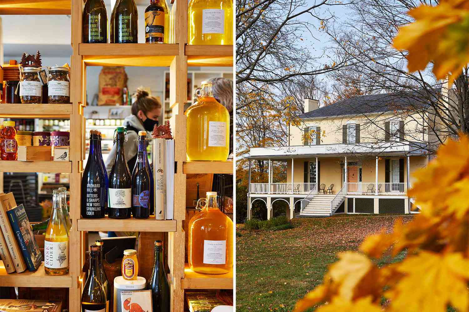 Scènes des Catskills, y compris des produits locaux exposés dans un magasin, et l'extérieur de la maison de Thomas Cole