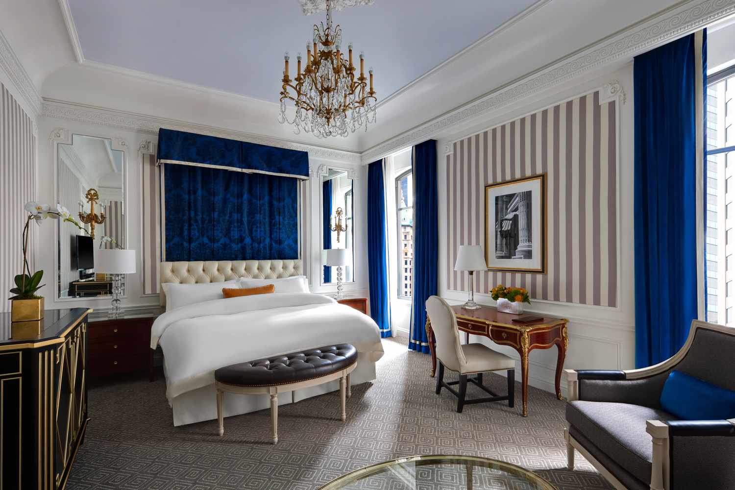 Blue and white bedroom in St. Regis New York
