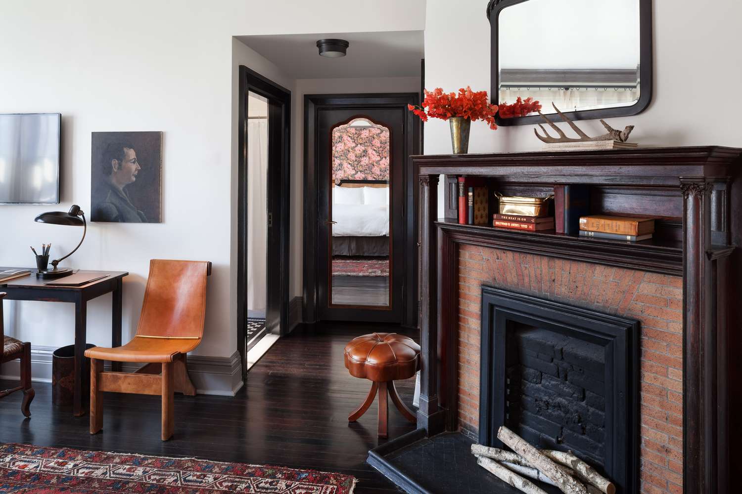 Fireplace in guest room in The High Line Hotel