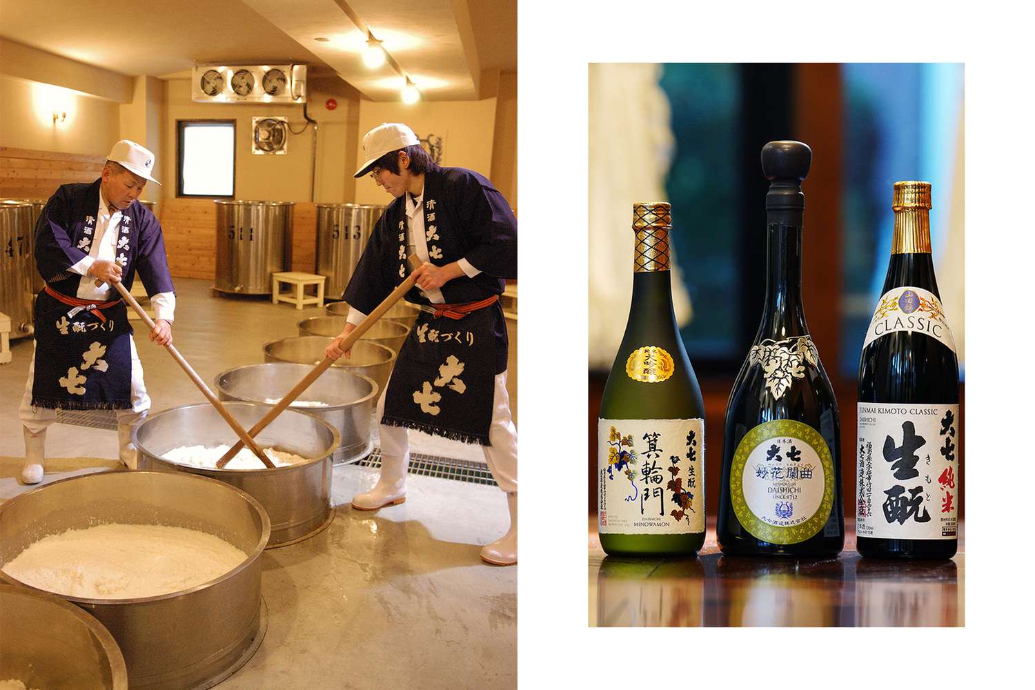 Deux hommes mélangent des ingrédients pour le sake traditionnel ; bouteilles de sake