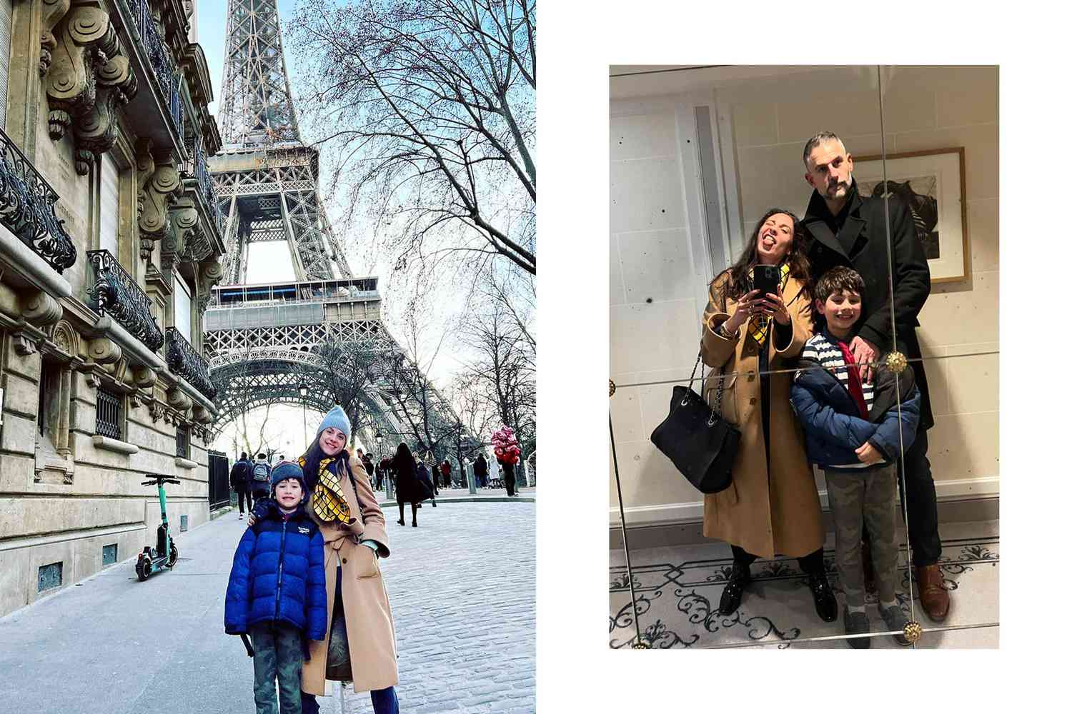 Famille Gifford à Paris devant la Tour Eiffel et un selfie miroir à l'hôtel