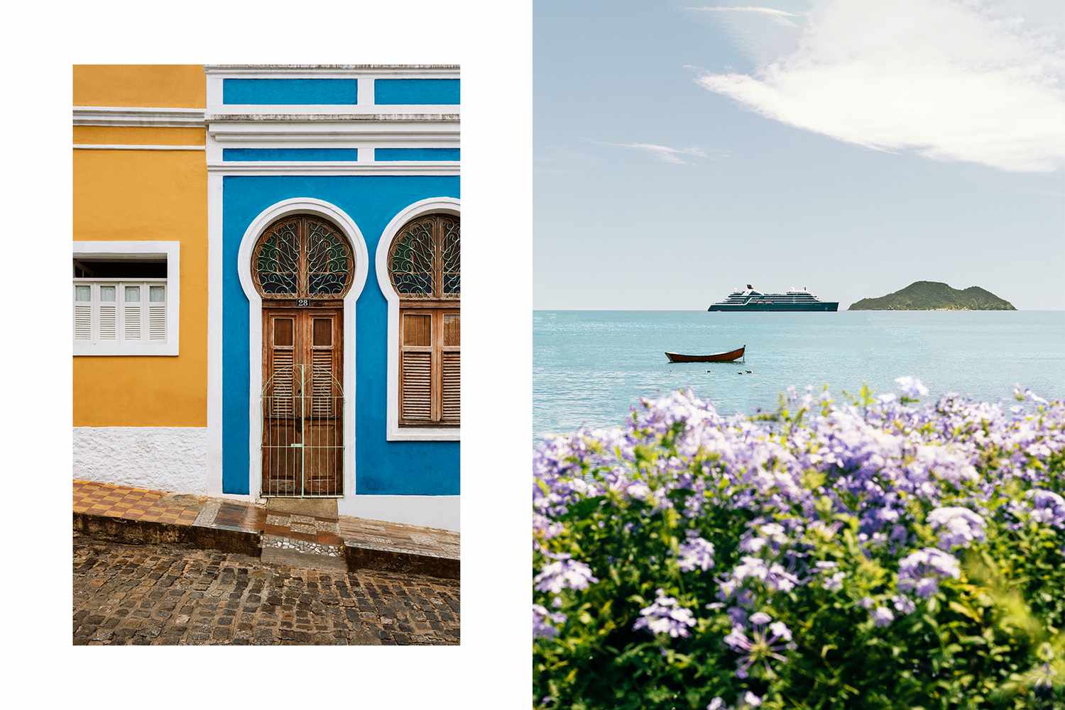 Paire de photos du Brésil, l'une montrant des façades colorées de bâtiments, et l'autre montrant un navire de croisière avec des fleurs violettes au premier plan