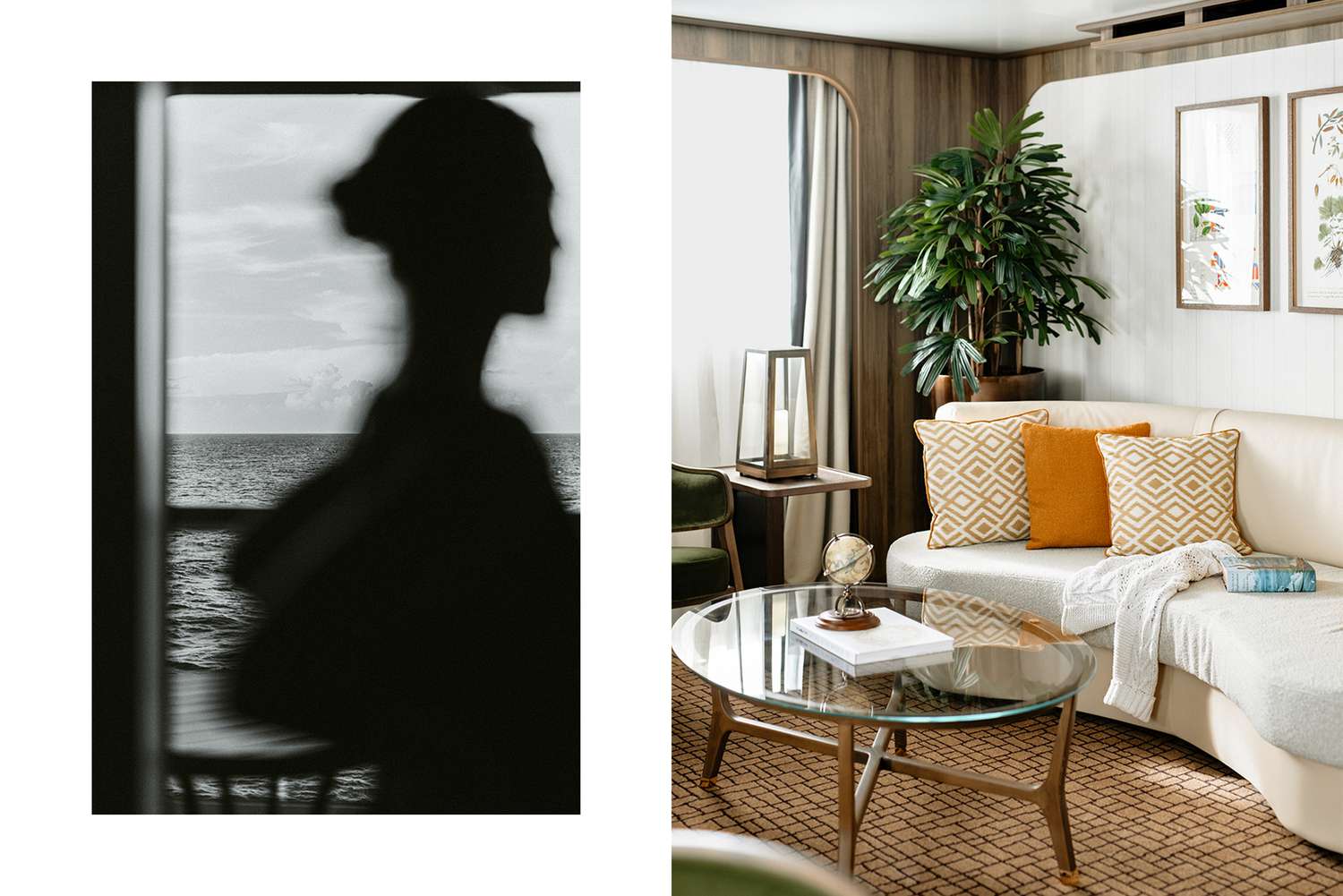 Paire de photos du Seabourn Venture, l'une montrant le profil d'une femme en silhouette et l'autre montrant un salon dans une suite
