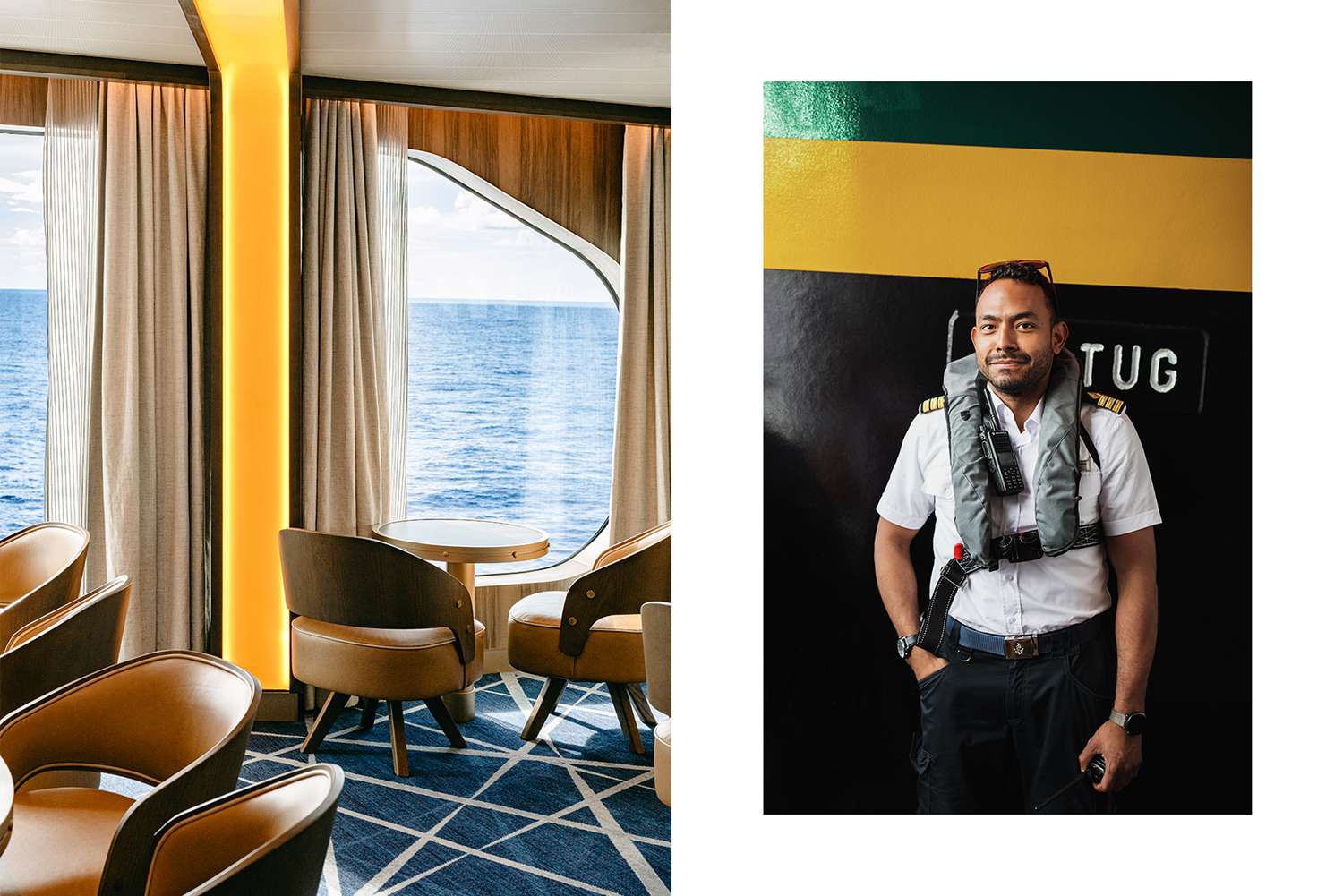 Paire de photos du Seabourn Venture, l'une montrant un salon à bord, et l'autre montrant un portrait d'un membre d'équipage