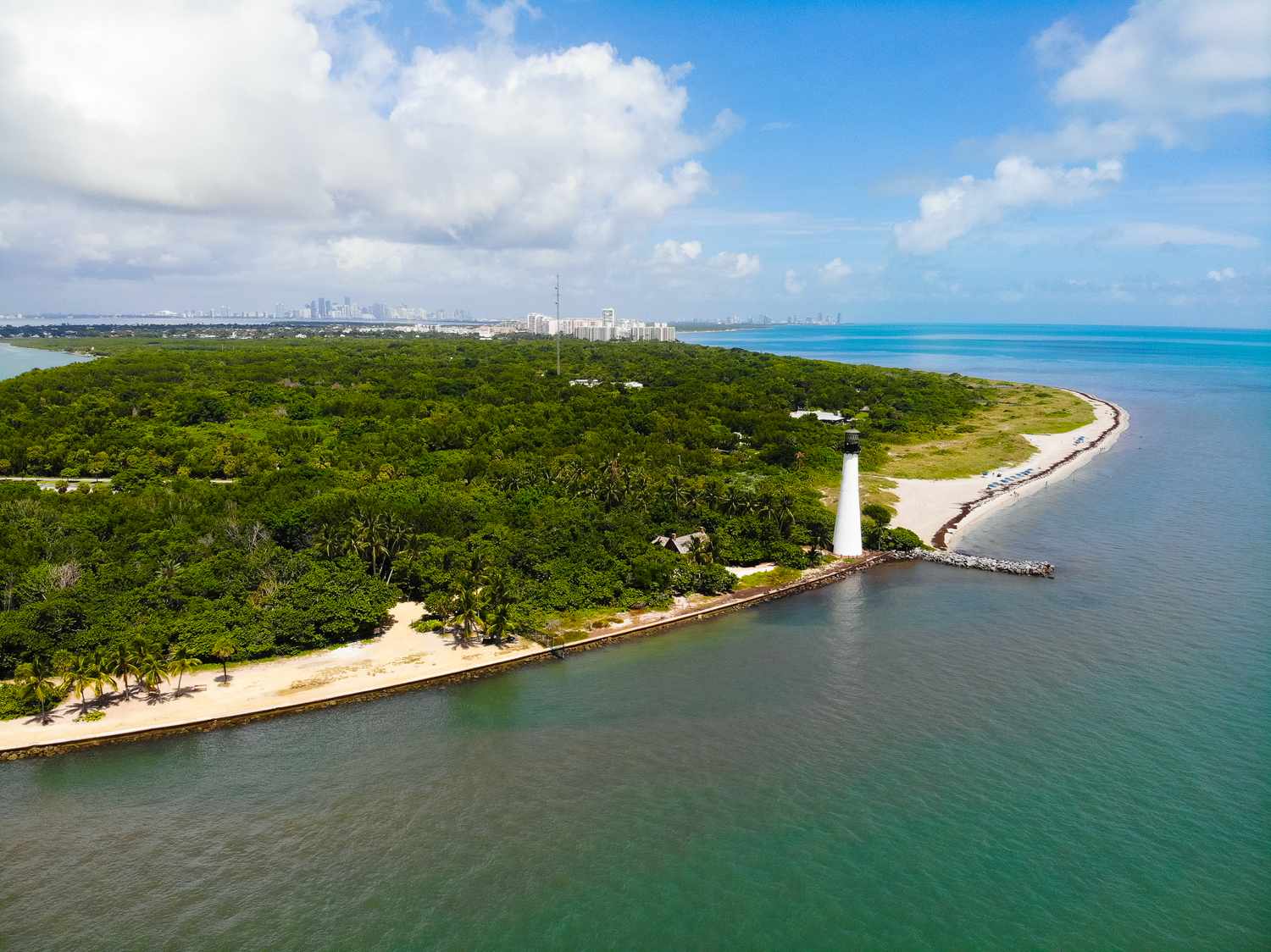 Aerial shot of coast line with lighthouse on Bill Baggs Cape State Park