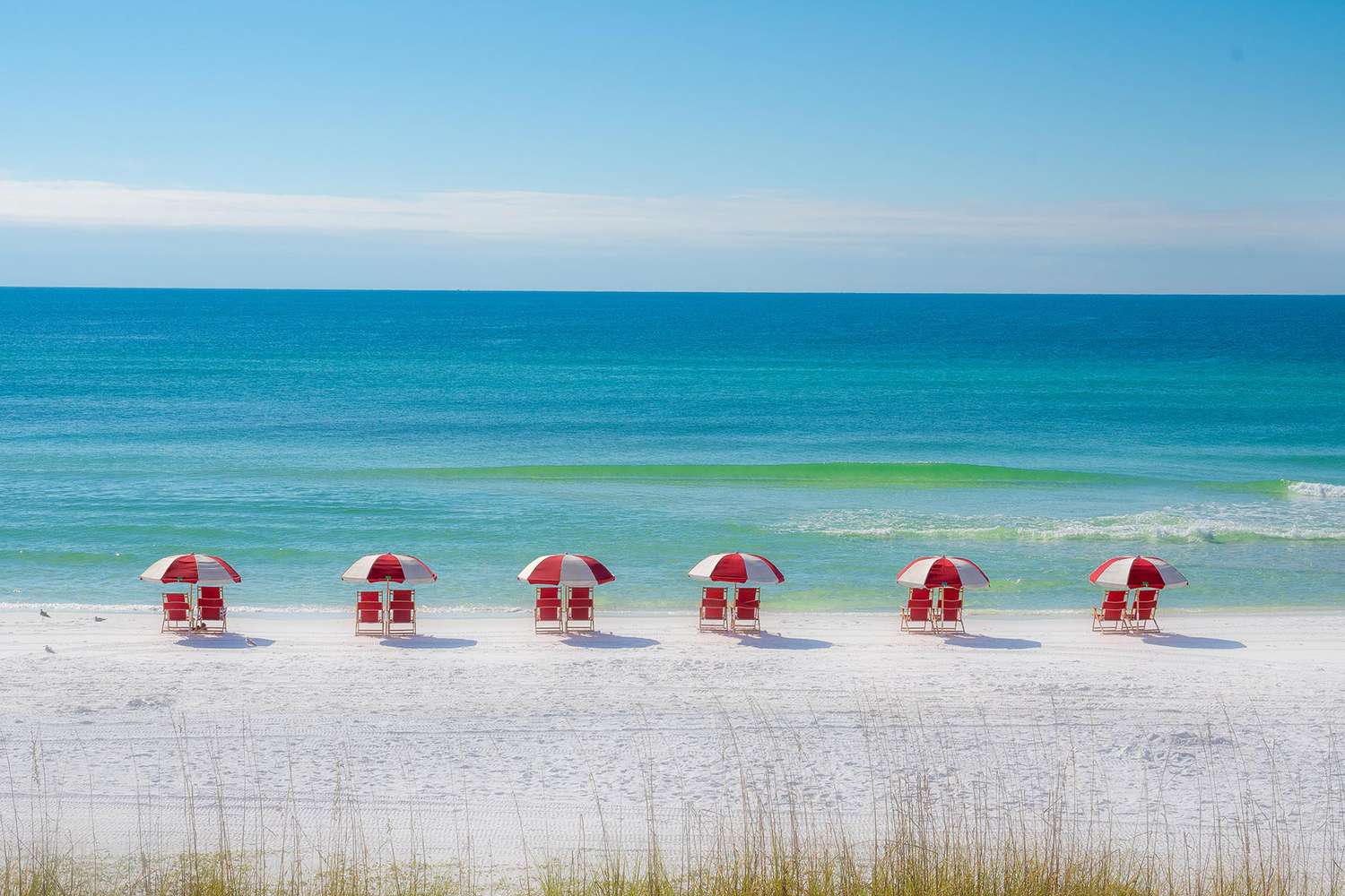 A row of chairs and umbrellas on Panama City Beach, Florida