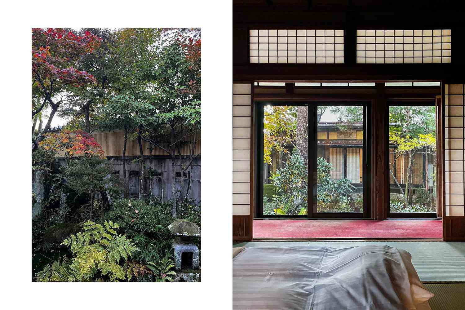 Vue depuis et intérieur d'une chambre d'hôtes au Temple Hotel Zenkoji à Takayama