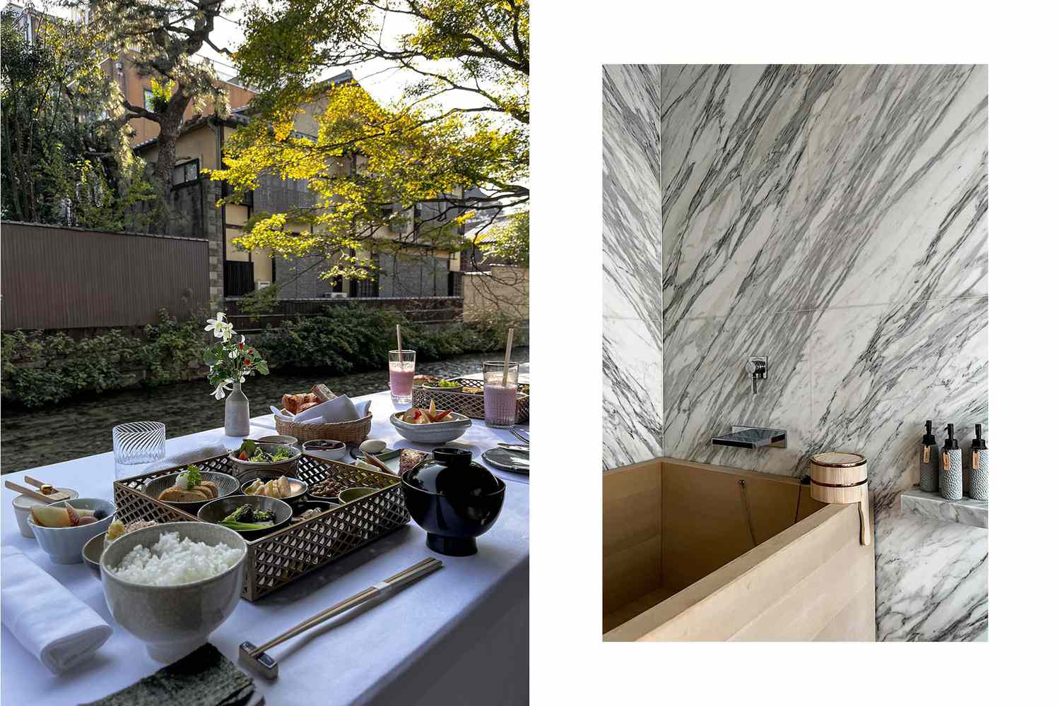 La terrasse du petit-déjeuner et la baignoire en cyprès Hinoki au Shinmonzen à Kyoto