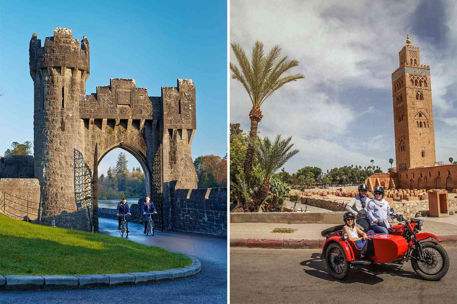 Deux scènes de vacances familiales, l'une montrant deux personnes à vélo sous une arche de château en Irlande, et l'autre montrant un groupe dans un side-car rouge au Maroc.