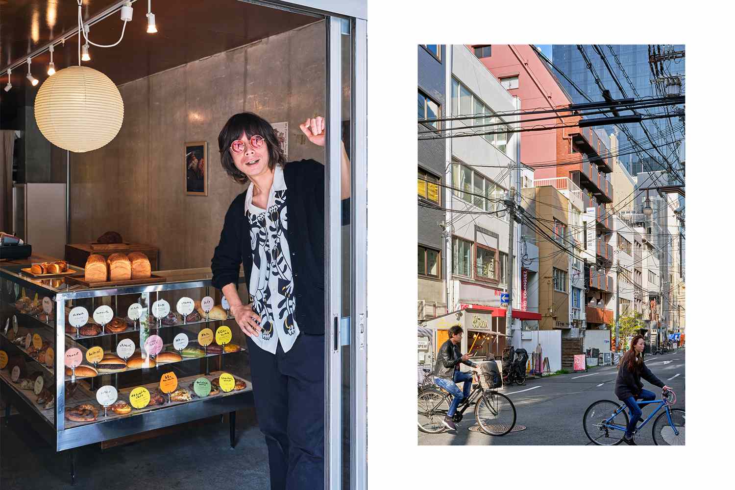 Pair of photos from Osaka, one showing the owner of Yotsubashi bakery, and one showing bikes in a neighborhood