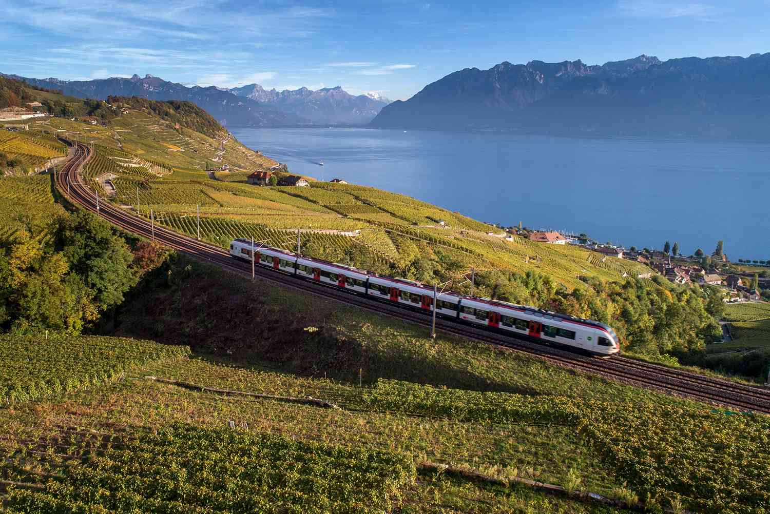 Un train SBB en Suisse traverse des terres agricoles et des lacs.