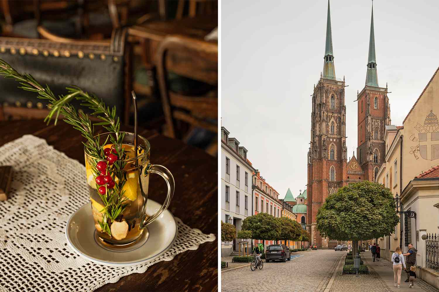 Deux photos de Wroclaw, l'une montrant une boisson chaude avec des garnitures et l'autre montrant une cathédrale