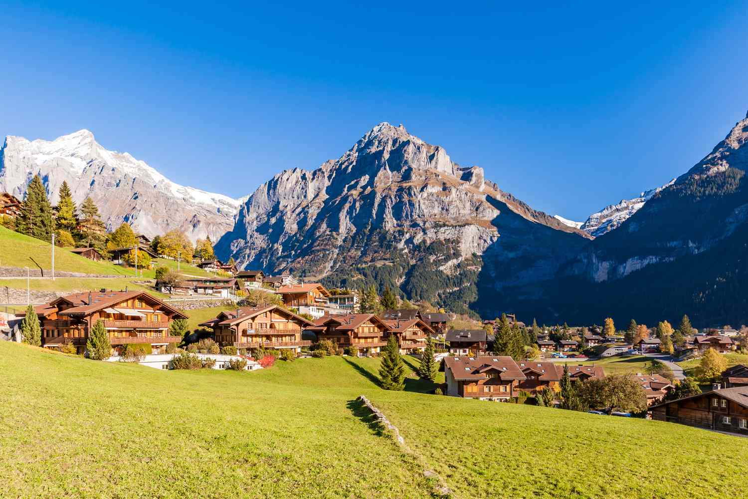 Une vue paysagère montre les montagnes pointues recouvertes de neige s'élevant derrière les collines vertes et les chalets en bois de Grindelwald, Suisse