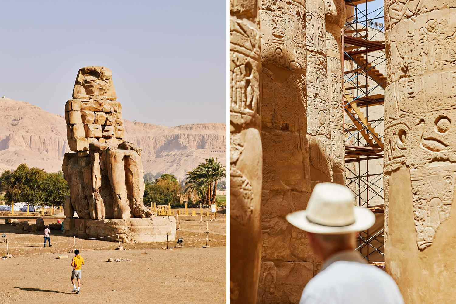 Gauche : des habitants se tenant à côté d'une statue égyptienne ancienne