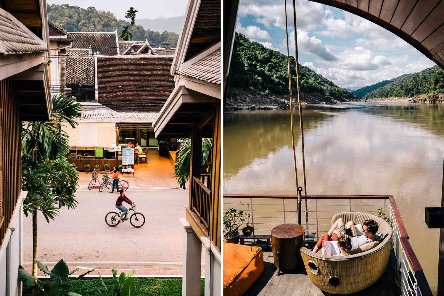 Scènes d'une croisière sur le Mékong : des gens faisant du vélo à Luang Prabang, Laos, et un couple sur la terrasse du bateau Gypsy