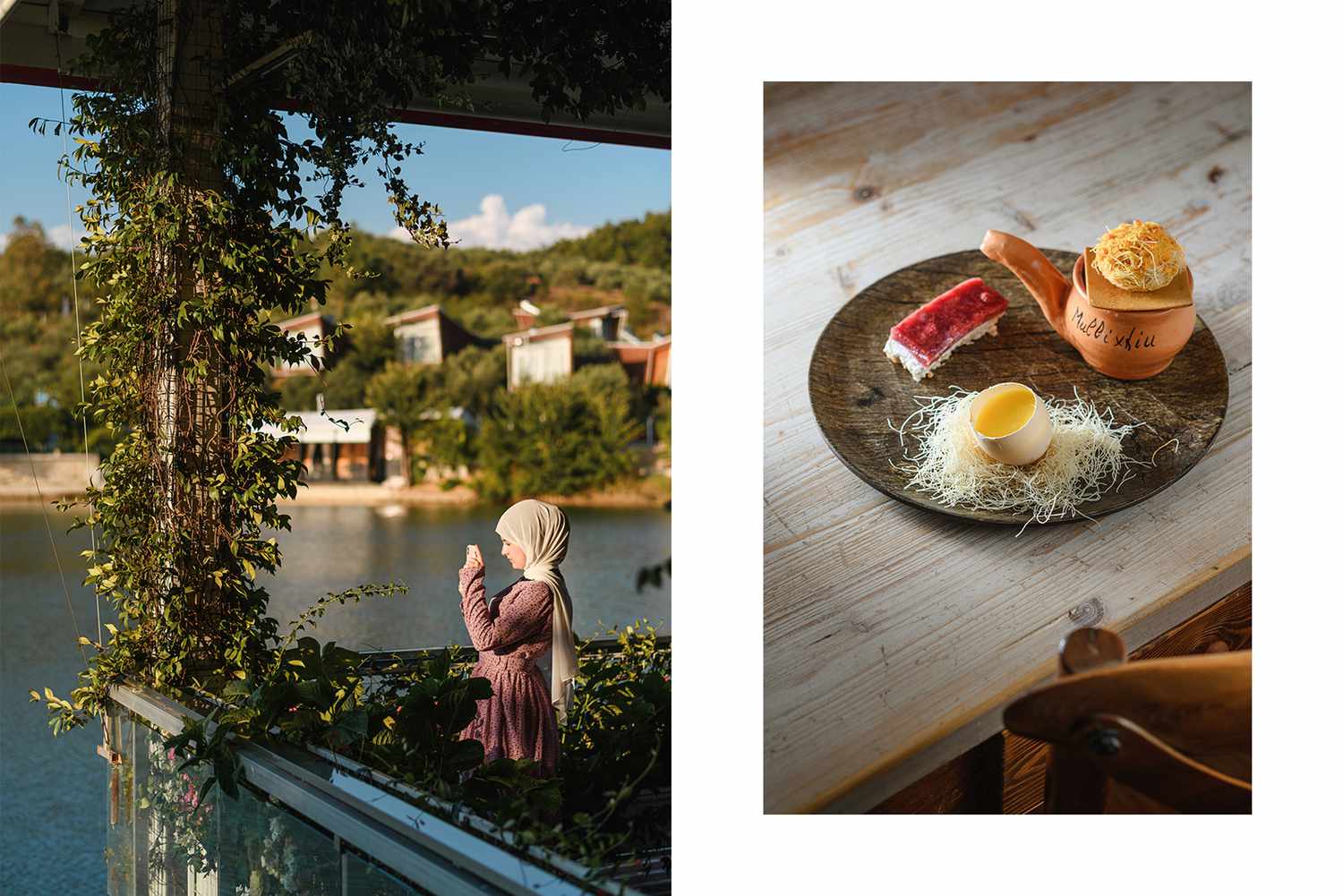 Paire de photos de l'Albanie, l'une montrant une femme prenant une photo près d'un lac, et l'autre montrant un plat dans un restaurant