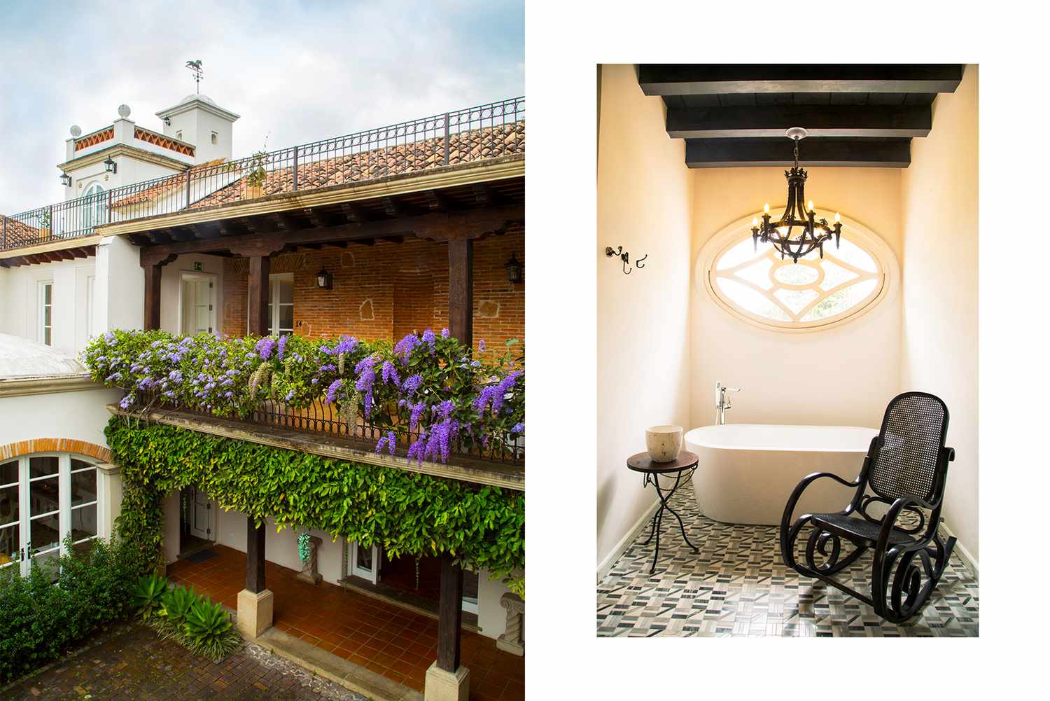 Une paire de photos de Villa Boken à Antigua Guatemala, l'une montrant une cour et l'autre montrant une salle de bains de suite