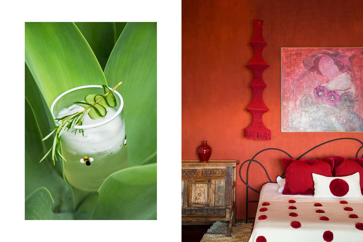Une paire de photos d'Antigua Guatemala, l'une montrant un cocktail, et l'autre montrant une chambre d'hôtel de couleur rouge