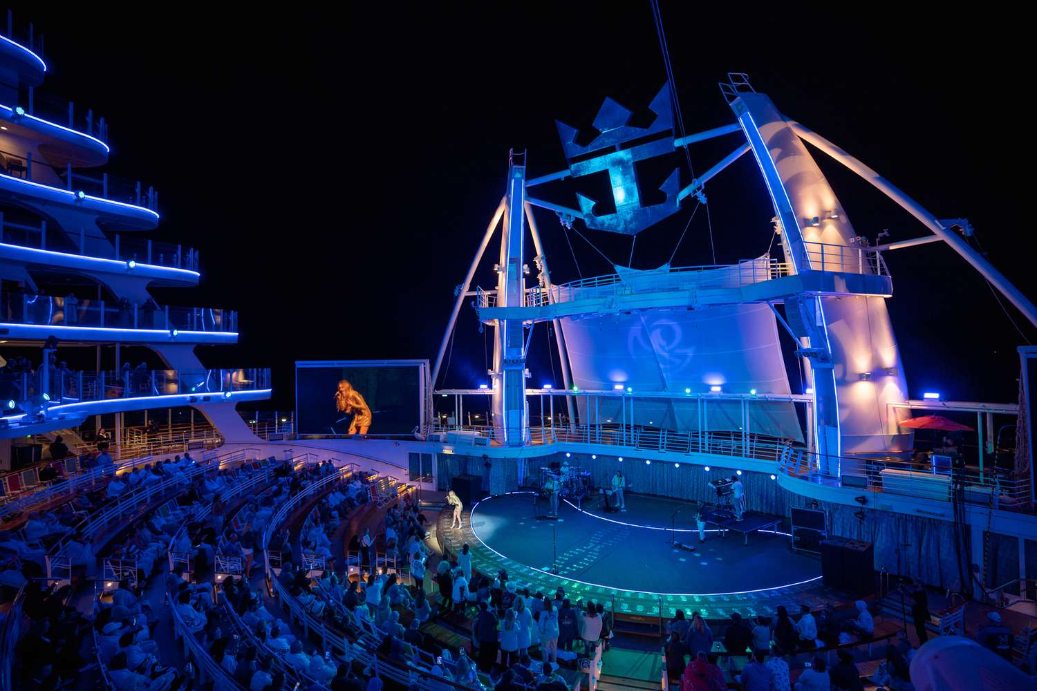 Top deck of a ship at night