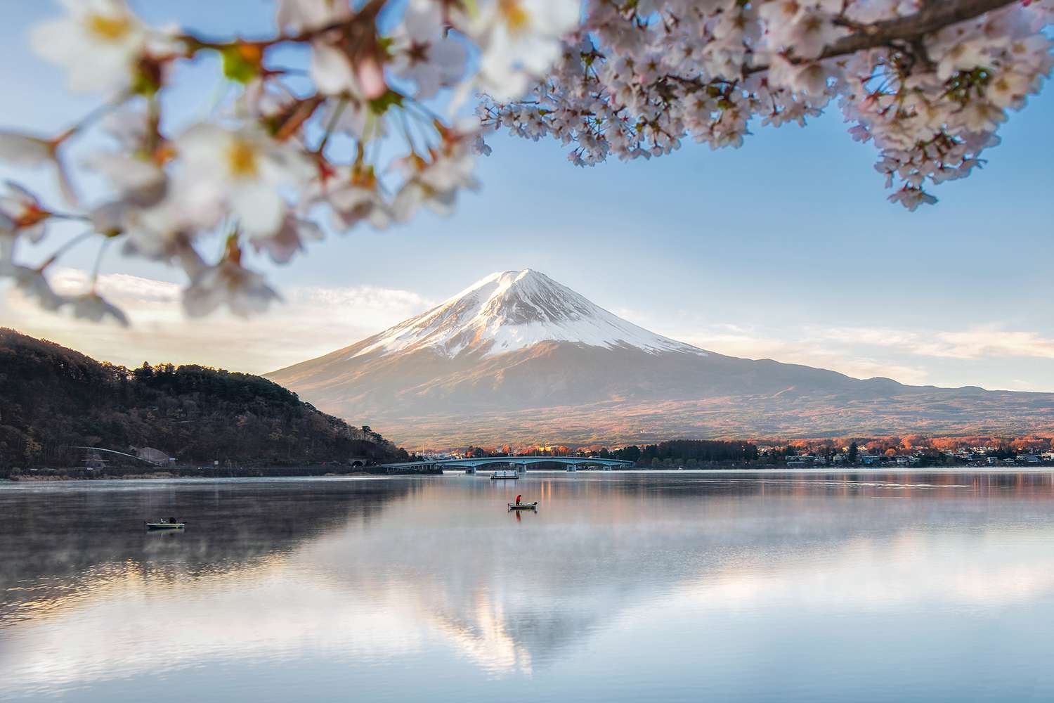 Reflet du mont Fuji avec des branches de cerisier au lac Kawaguchiko au printemps