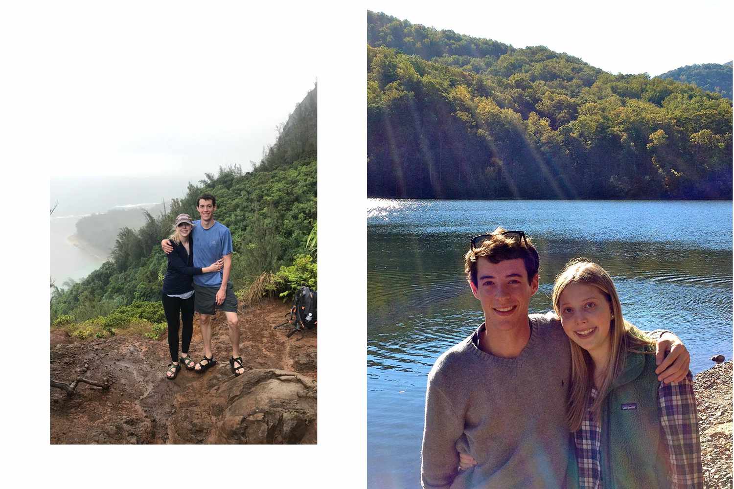 Un couple posant en montagne après une randonnée devant un lac