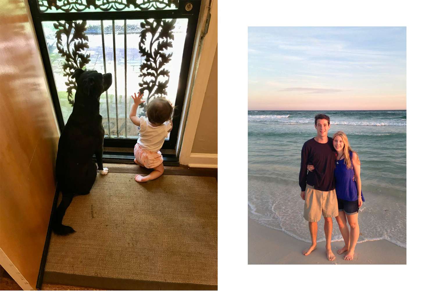 Un bébé et un chien regardant par la porte d'entrée d'une maison et un couple sur une plage au coucher du soleil