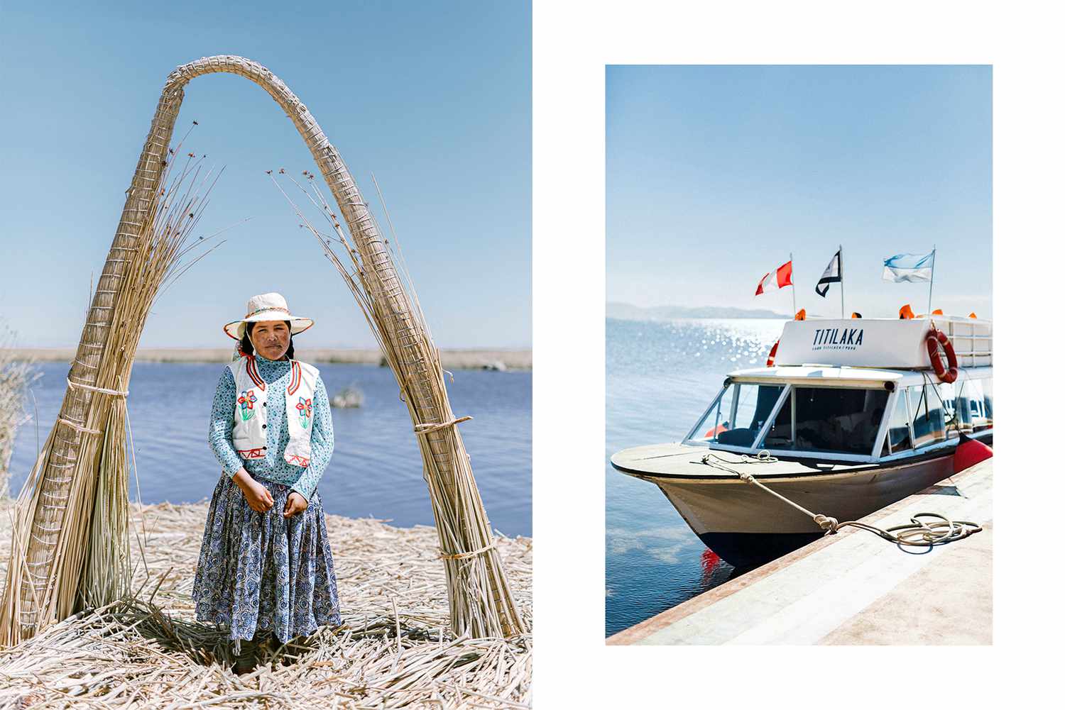 Photo du lac Titicaca, Bolivie, l'une montrant une femme sur une île en roseaux et l'autre montrant un ferry de l'hôtel au dock