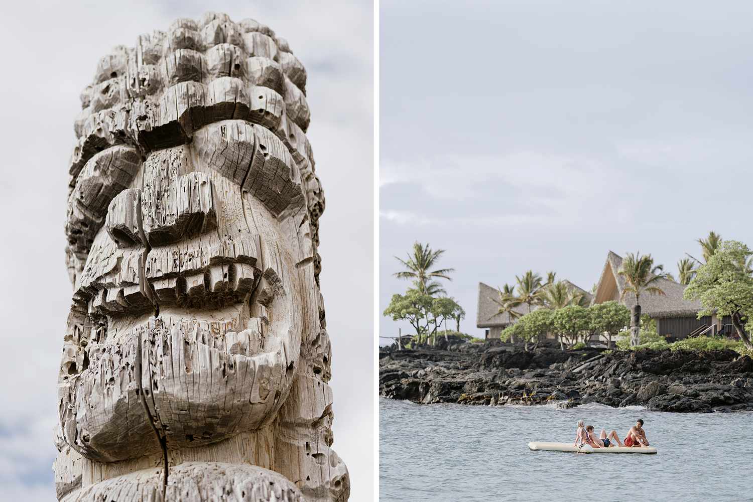 Une paire de photos du village de Kona, l'une montrant une sculpture traditionnelle et l'autre montrant un dock flottant