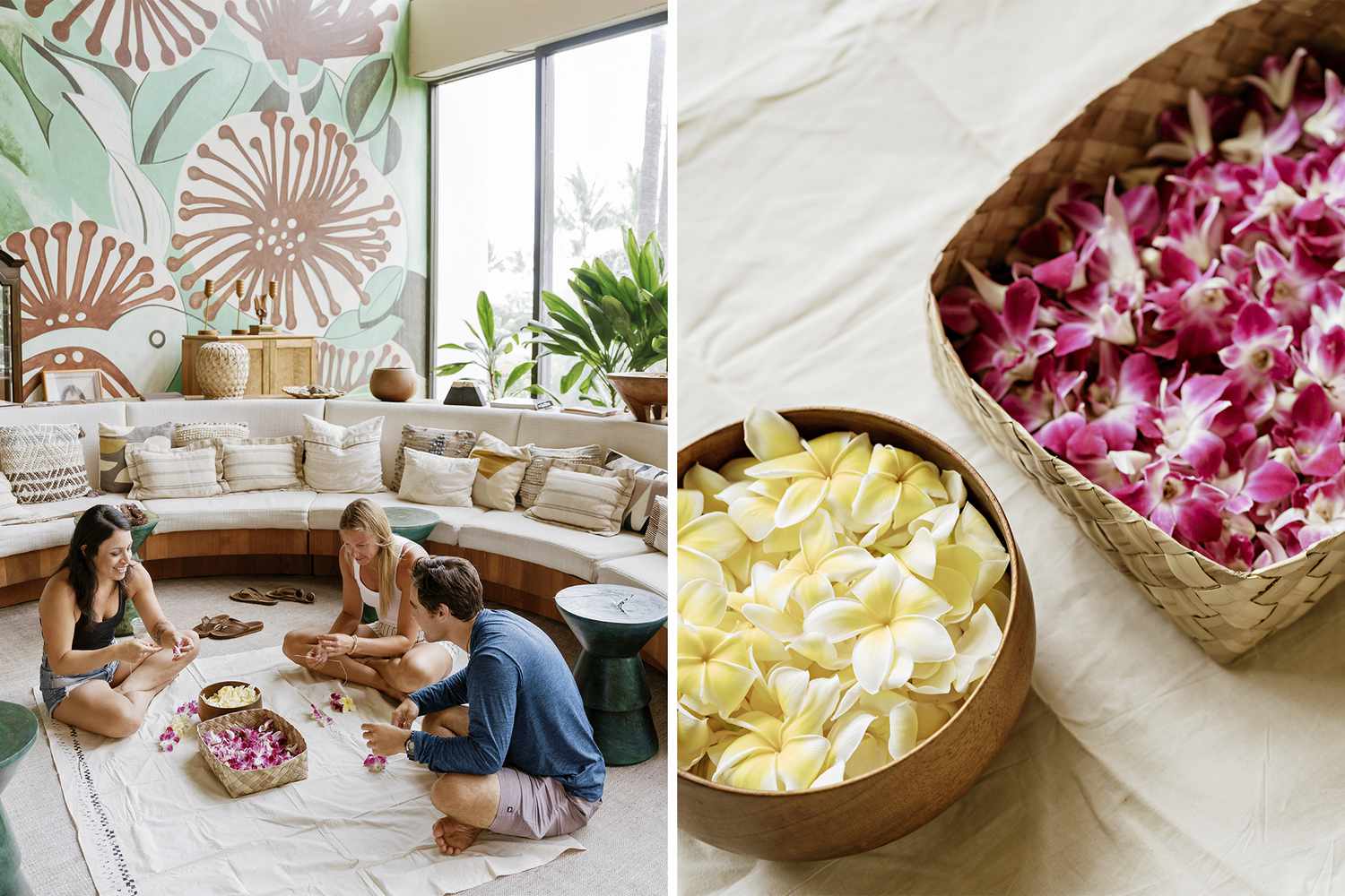Une paire de photos du resort Mauna Lani, l'une montrant un cours de fabrication de lei, et l'autre montrant des fleurs