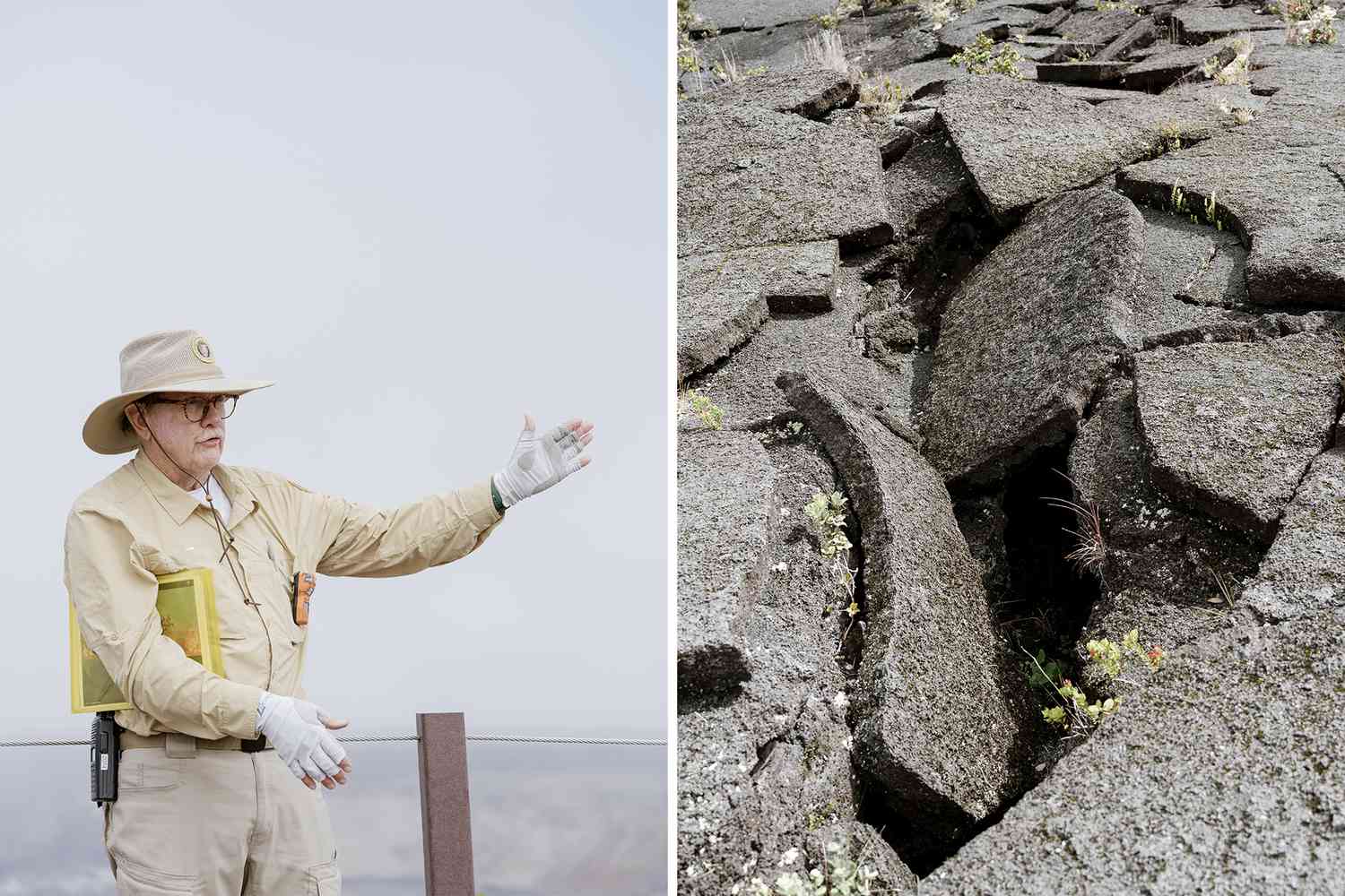 Une paire de photos du parc national des volcans d'Hawaï, l'une montrant un guide, et l'autre montrant un rocher fissuré