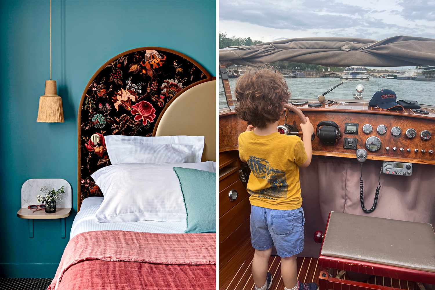Une paire de photos montrant une chambre d'hôtel et un garçon dirigeant un bateau.