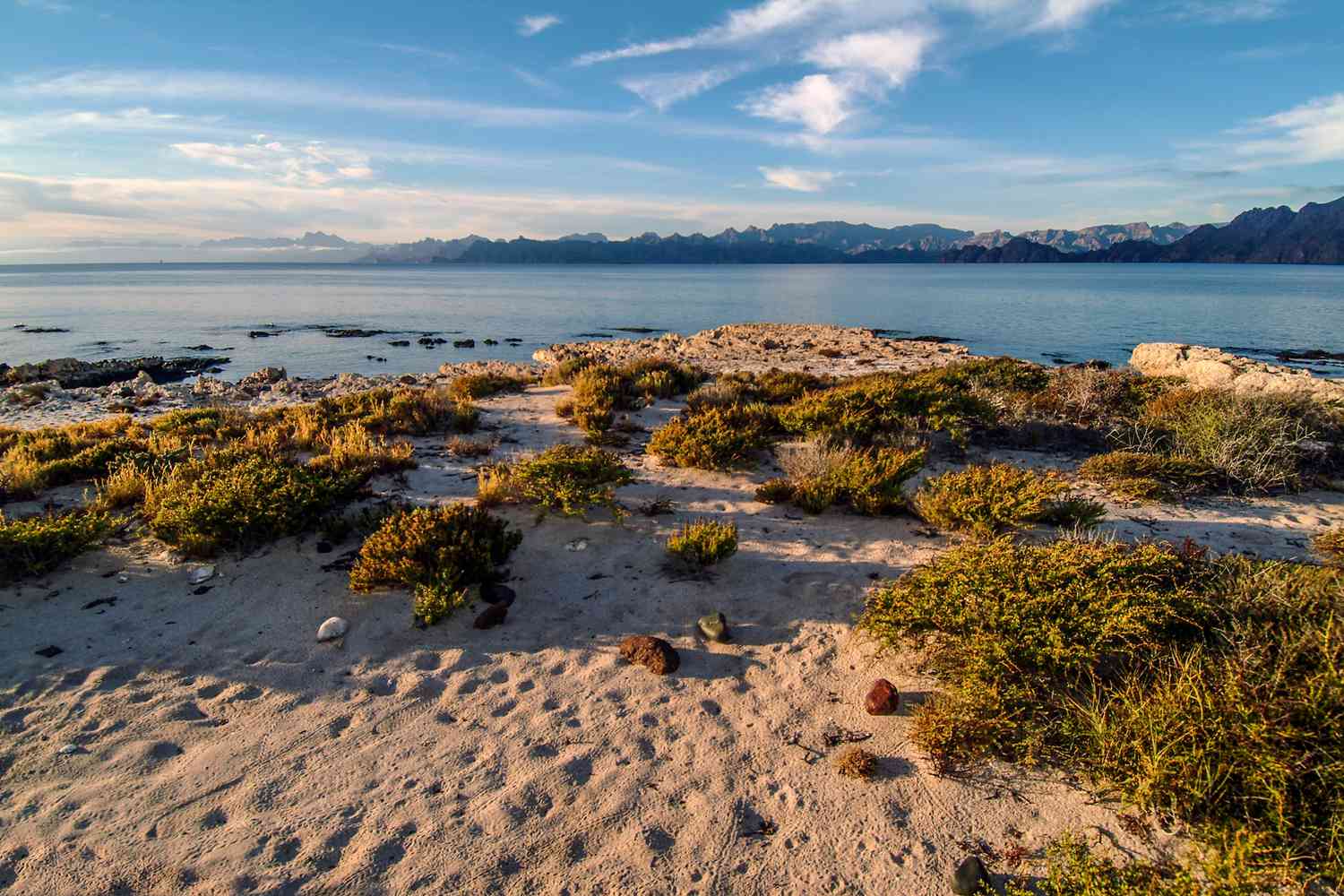 Matin ensoleillée au point sud de l'île Carmen. Vue de la Sierra de la Giganta sur le continent à travers l'eau. Parc Marin National de la Baie de Loreto. Baja California Sur, Mexique.