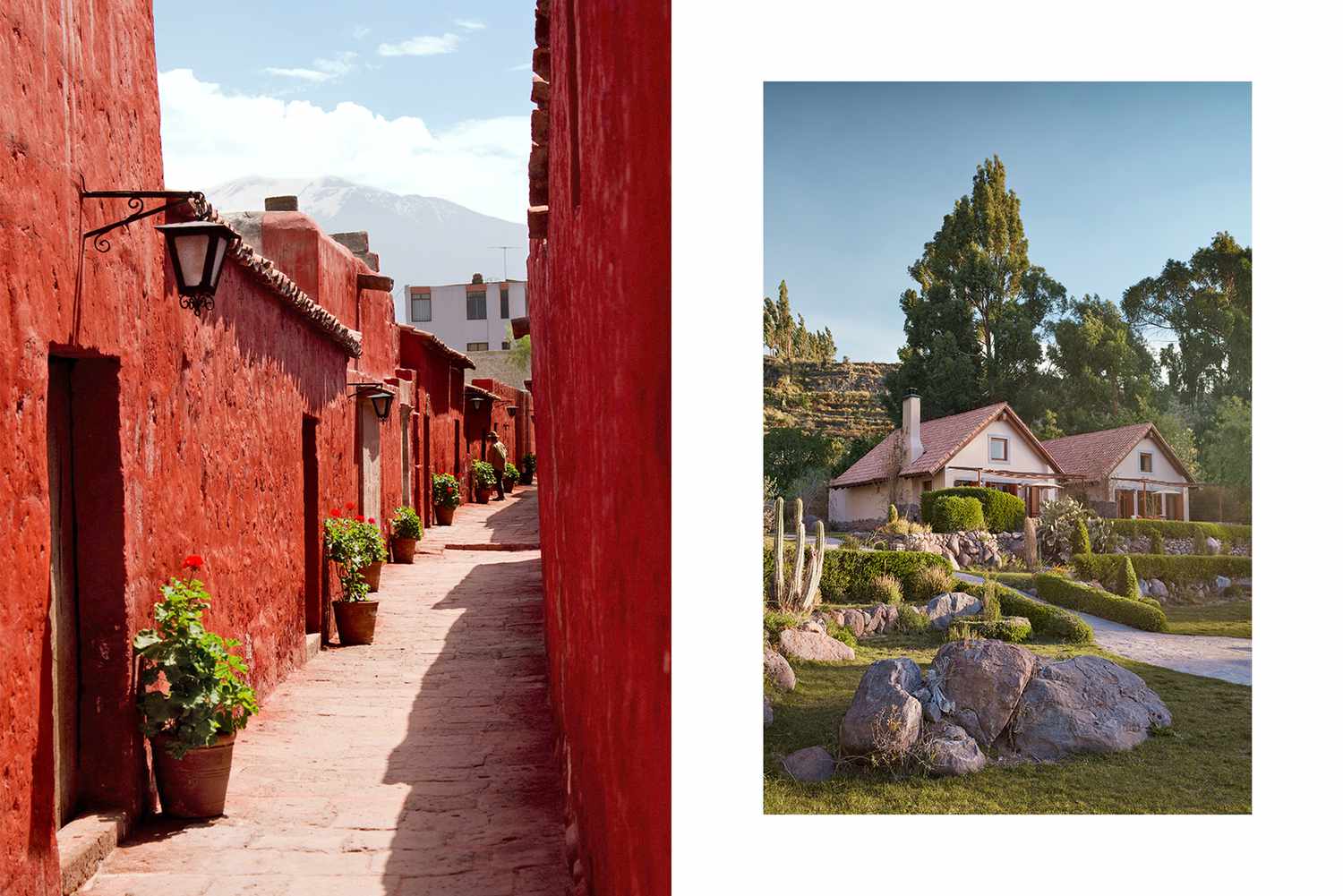 Une paire de photos d’Arequipa, Pérou, l'une montrant les murs rouges d'un monastère, et l'autre montrant des casitas dans un hôtel de luxe