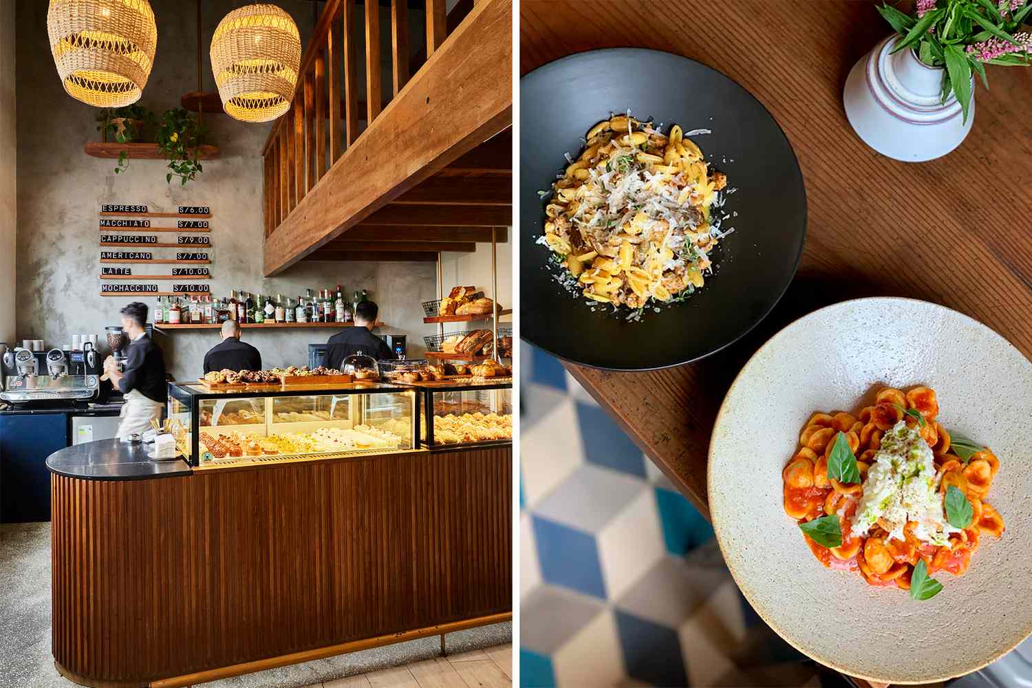 Une paire de photos, l'une montrant un café et l'autre, des plats de nourriture.