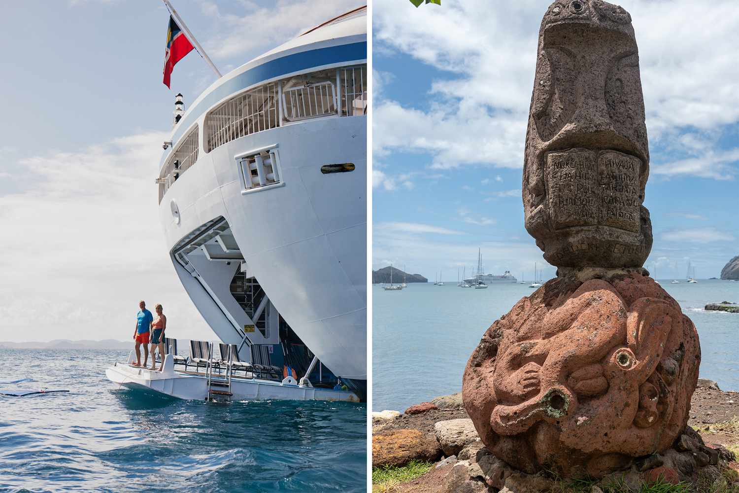 Une paire de photos, l'une montrant deux personnes sur un bateau de croisière et l'autre un monument de pierre.