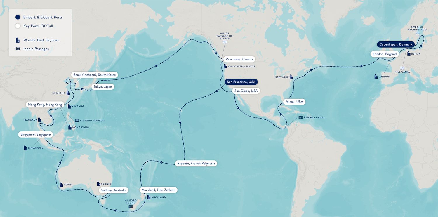 Tous les arrêts de la croisière mondiale d'Azamara