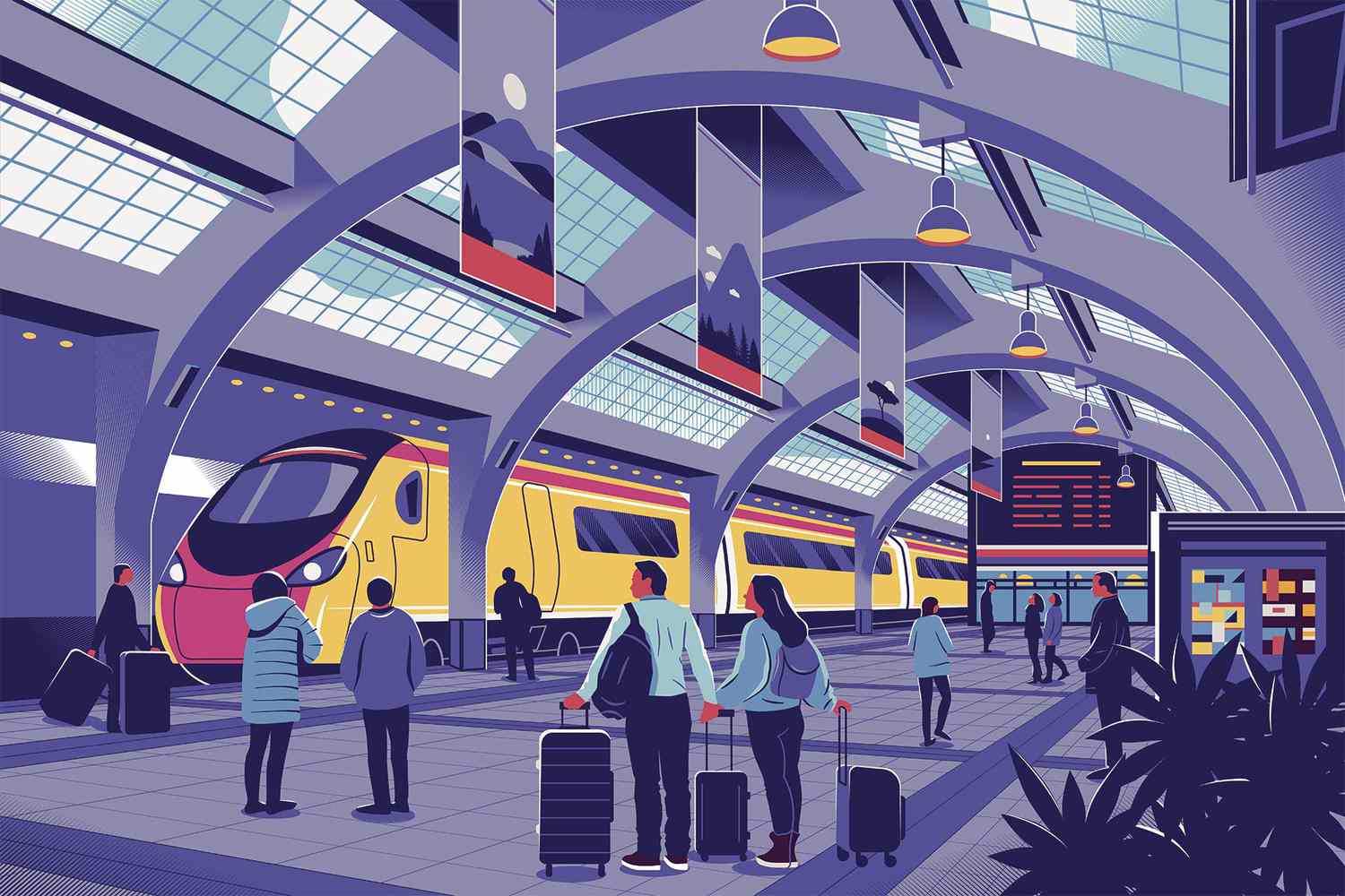 Une illustration d'un couple se tenant par la main à la gare