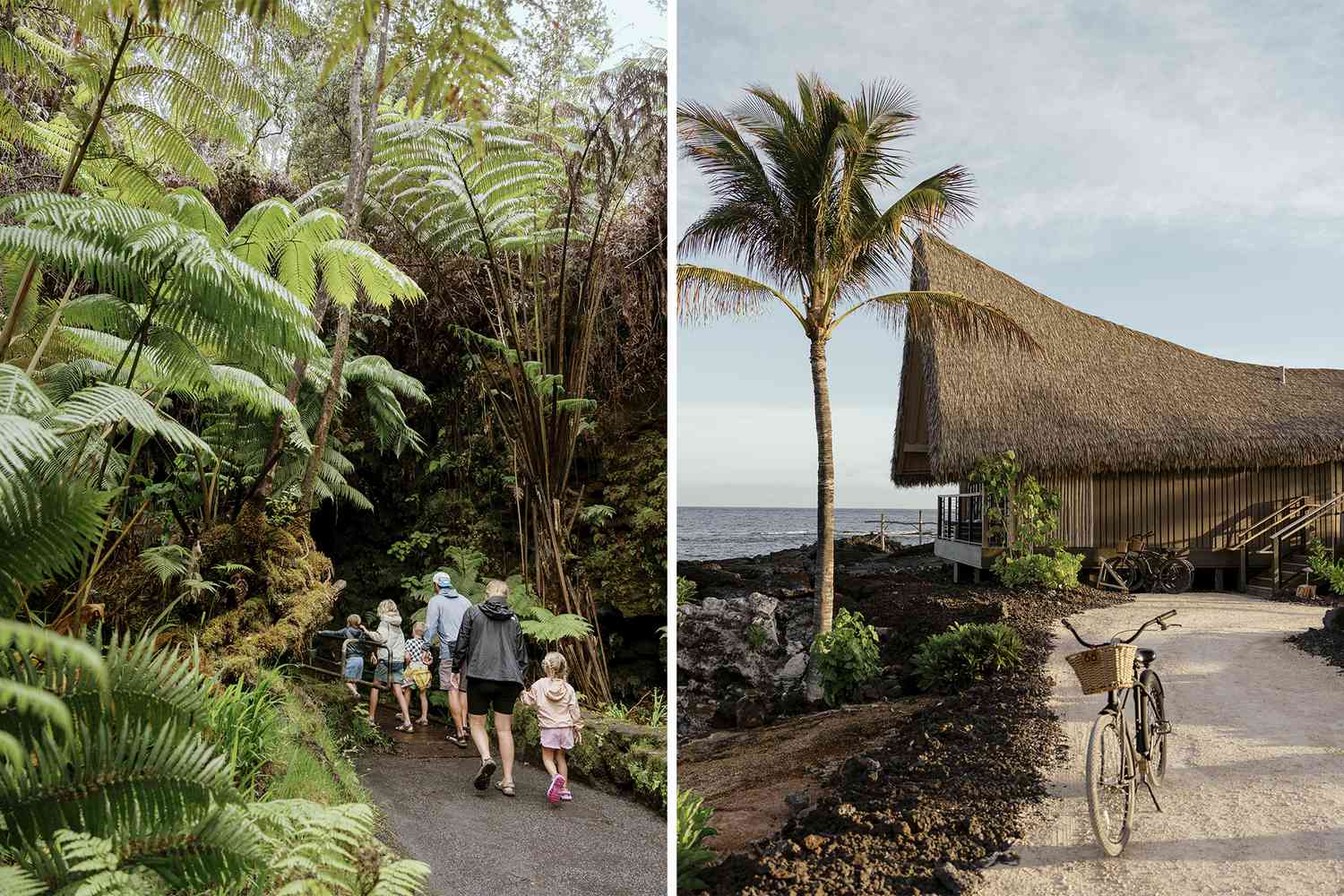Une paire de photos d'Hawaï, l'une montrant une famille marchant sur un chemin, et l'autre montrant un cottage de station et un vélo